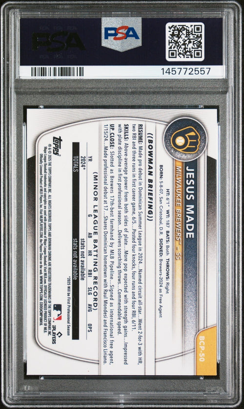 JESUS MADE SIGNED 2025 BOWMAN CHROME PROSPECTS 1ST ROOKIE RC PSA AUTO 10