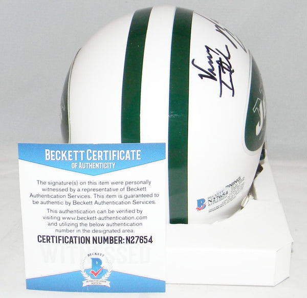 VINNY TESTAVERDE & WAYNE CHREBET SIGNED NEW YORK JETS MINI HELMET BECKETT
