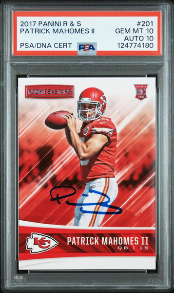 PATRICK MAHOMES SIGNED 2017 PANINI ROOKIES & STARS #201 RC PSA GEM 10 AUTO 10