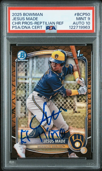 JESUS MADE SIGNED 2025 BOWMAN CHROME 1ST RC REPTILIAN REFRACTOR PSA 9 AUTO 10