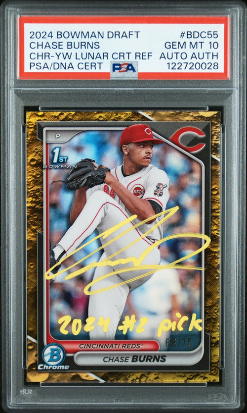 CHASE BURNS SIGNED 2024 BOWMAN CHROME YELLOW LUNAR REFRACTOR 1ST RC /75 PSA 10