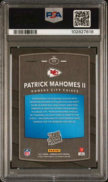 PATRICK MAHOMES SIGNED 2017 PANINI DONRUSS OPTIC RED/YELLOW ROOKIE PSA 8 AUTO 10