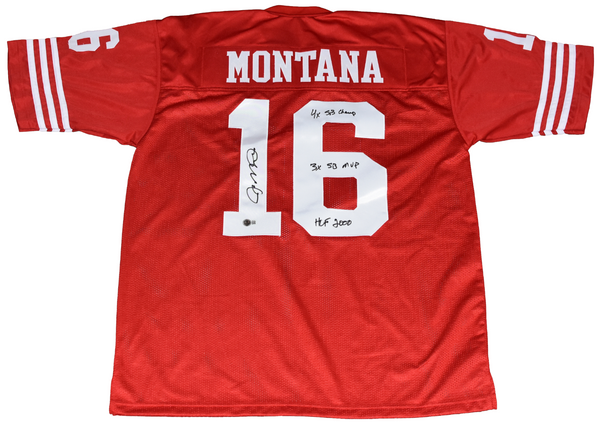 JOE MONTANA AUTOGRAPHED SAN FRANCISCO 49ERS #16 RED JERSEY W/ 3 INSCRIPTIONS