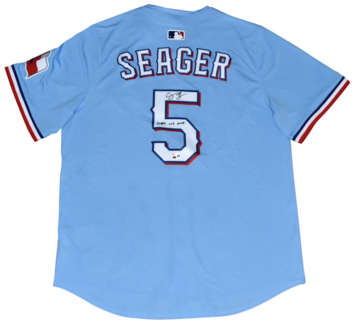 COREY SEAGER SIGNED TEXAS RANGERS #5 BLUE NIKE LIMITED JERSEY W/ 2023 WS MVP