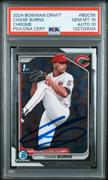 CHASE BURNS SIGNED 2024 BOWMAN CHROME 1ST ROOKIE RC GEM MINT PSA 10 AUTO 10