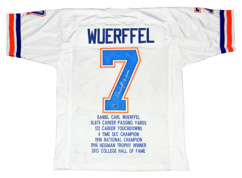 DANNY WUERFFEL AUTOGRAPHED FLORIDA GATORS #7 WHITE STAT JERSEY W/ 96 HEISMAN