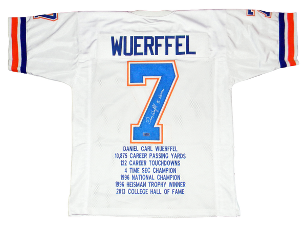 DANNY WUERFFEL AUTOGRAPHED FLORIDA GATORS #7 WHITE STAT JERSEY W/ 96 HEISMAN