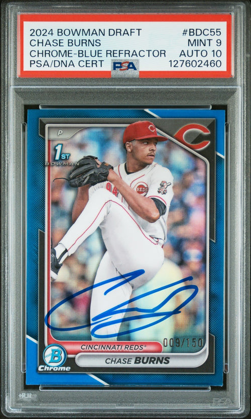 CHASE BURNS SIGNED 2024 BOWMAN CHROME BLUE REFRACTOR 1ST RC /150 PSA 9 AUTO 10