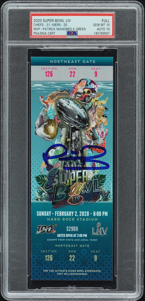PATRICK MAHOMES SIGNED 2020 SUPER BOWL LIV 54 TICKET CHIEFS 49ERS PSA 10 AUTO 10
