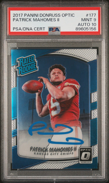 PATRICK MAHOMES SIGNED 2017 PANINI DONRUSS OPTIC RATED ROOKIE RC PSA 9 AUTO 10