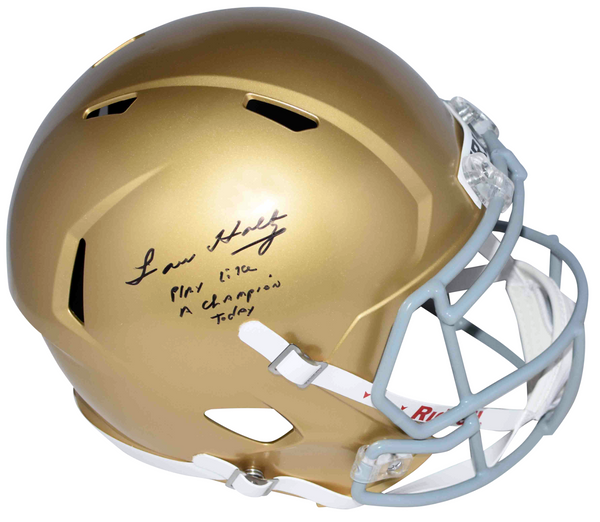 LOU HOLTZ SIGNED NOTRE DAME IRISH FULL SIZE HELMET W/ PLAY LIKE A CHAMPION TODAY