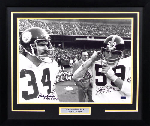 JACK HAM & ANDY RUSSELL SIGNED PITTSBURGH STEELERS 16x20 FRAMED PHOTO JSA