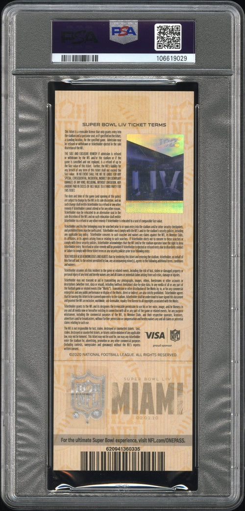 PATRICK MAHOMES SIGNED 2020 SUPER BOWL LIV 54 TICKET CHIEFS 49ERS PSA 8 AUTO 10