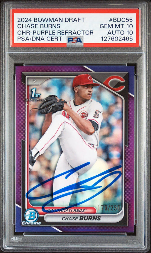 CHASE BURNS SIGNED 2024 BOWMAN CHROME PURPLE REFRACTOR 1ST /250 PSA 10 AUTO 10