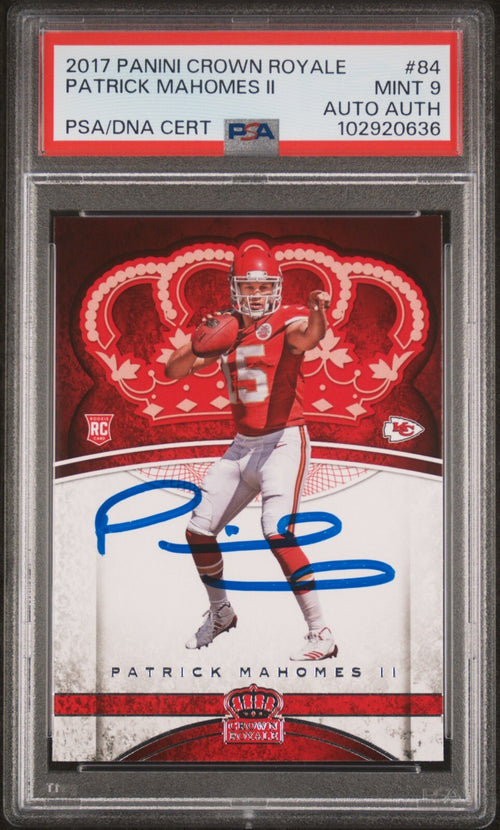 PATRICK MAHOMES SIGNED 2017 PANINI CROWN ROYALE ROOKIE RC #84 AUTO PSA 9