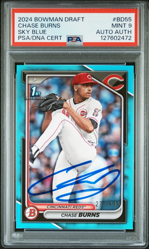 CHASE BURNS SIGNED 2024 BOWMAN DRAFT SKY BLUE 1ST ROOKIE RC /499 MINT PSA 9