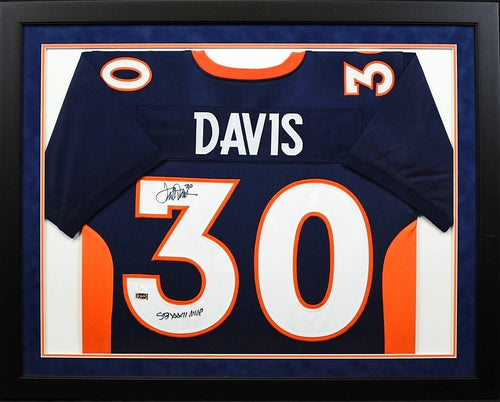 TERRELL DAVIS AUTOGRAPHED DENVER BRONCOS #30 FRAMED JERSEY JSA W/ SB XXXII MVP