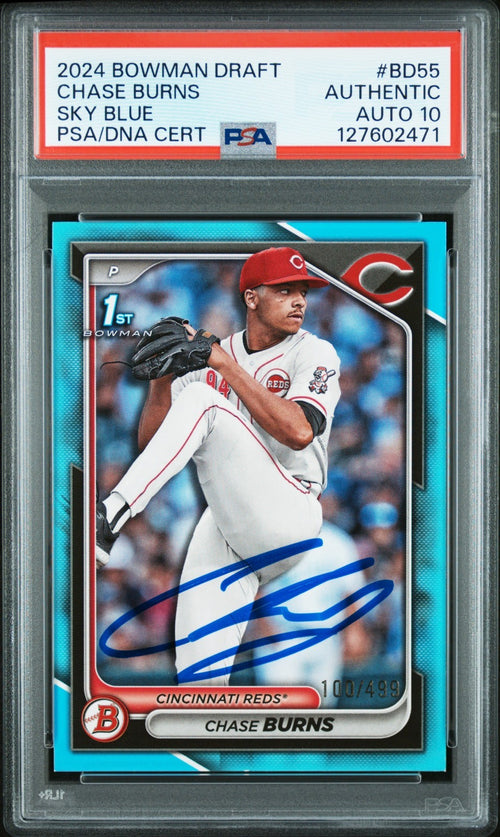 CHASE BURNS SIGNED 2024 BOWMAN DRAFT SKY BLUE 1ST ROOKIE RC /499 PSA AUTO 10
