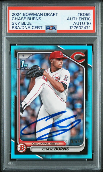 CHASE BURNS SIGNED 2024 BOWMAN DRAFT SKY BLUE 1ST ROOKIE RC /499 PSA AUTO 10