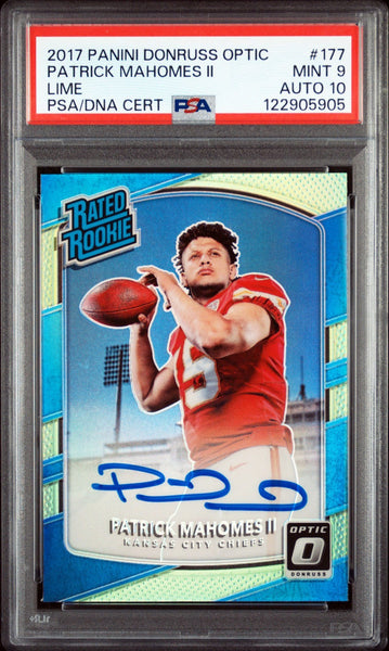 PATRICK MAHOMES SIGNED 2017 PANINI DONRUSS OPTIC LIME ROOKIE RC PSA 9 AUTO 10