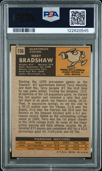 TERRY BRADSHAW SIGNED 1971 TOPPS ROOKIE CARD RC #156 AUTO PSA AUTH