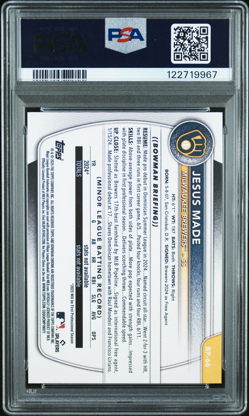 JESUS MADE SIGNED 2025 BOWMAN PAPER 1ST ROOKIE RC GEM MINT PSA 10 AUTO 10