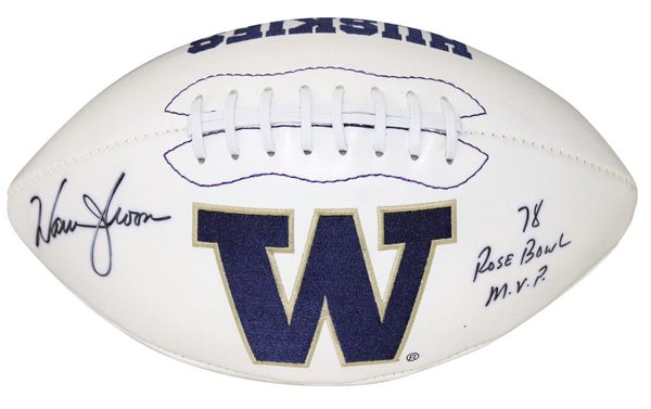 WARREN MOON SIGNED WASHINGTON HUSKIES WHITE LOGO FOOTBALL W/ 78 ROSE BOWL MVP